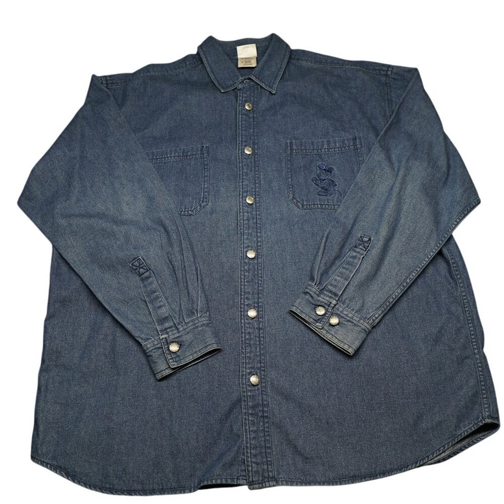 Vintage Disney Store Mickey Mouse Denim Long Sleeve Shirt Mens XL Embroidered